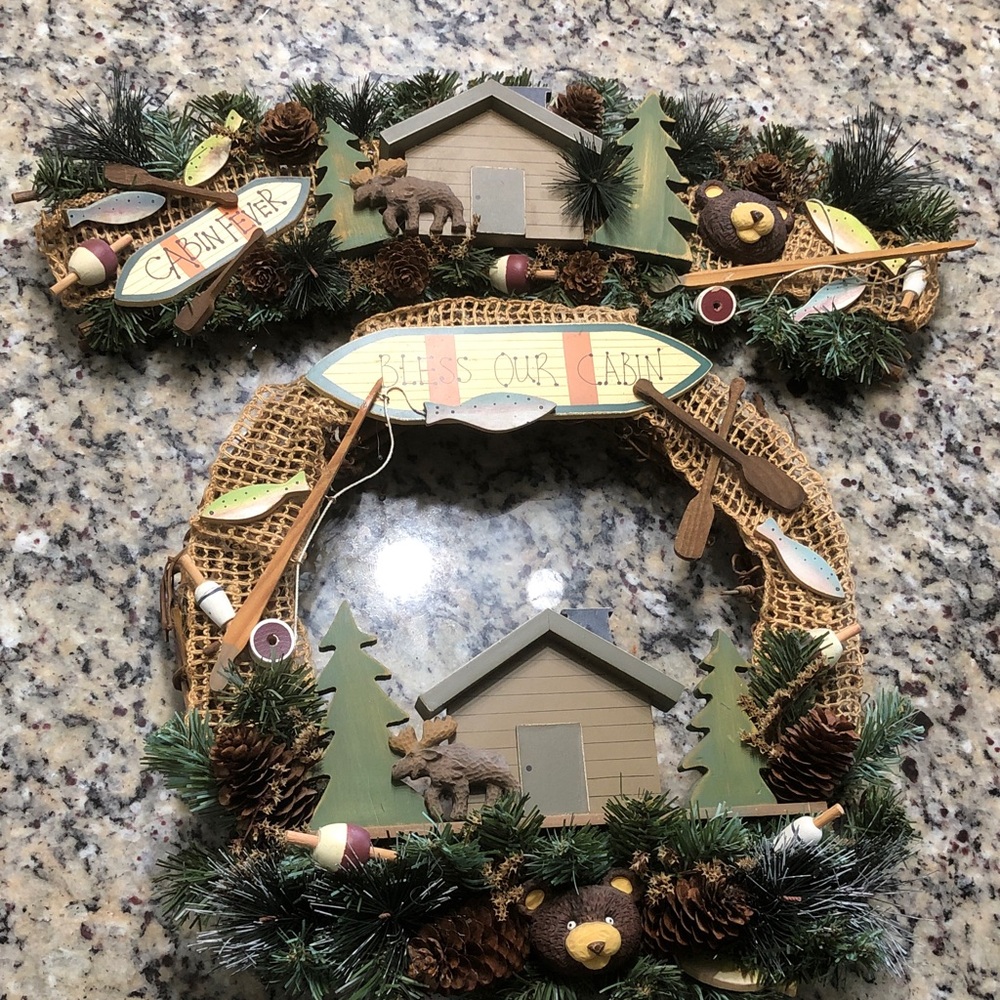 Rustic Cabin Lodge Wreath and Valance- Bear Moose Fish Pinecone Tree